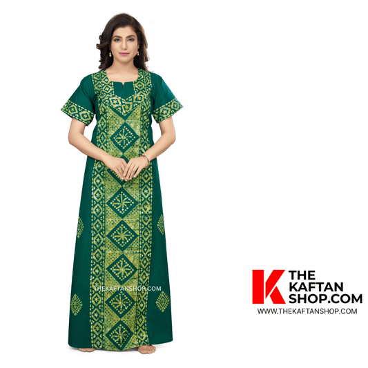 NG083 - Green Diamond Design, Hand Dyed Batik, 100% Cotton Night Gown. - thekaftanshop.com