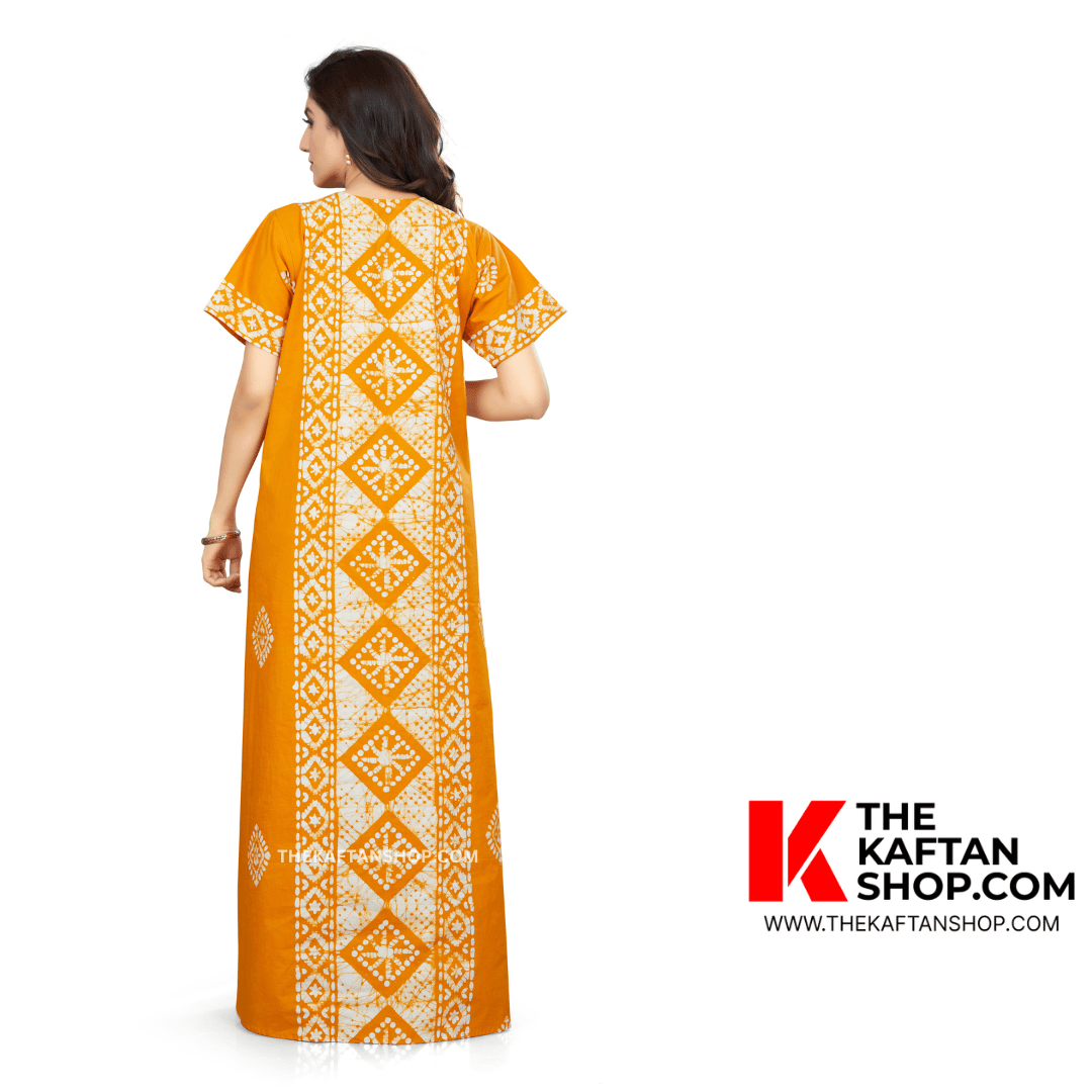 NG084 - Yellow Diamond Design, Hand Dyed Batik, 100% Cotton Night Gown. - thekaftanshop.com