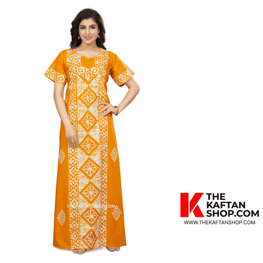 NG084 - Yellow Diamond Design, Hand Dyed Batik, 100% Cotton Night Gown. - thekaftanshop.com