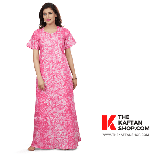 NG111 - Pink Bandhani, Hand Dyed Batik, 100% Cotton Night Gown - thekaftanshop.com