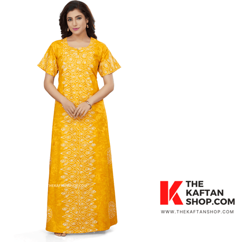 Yellow Bandhani, Hand Dyed Batik, 100% Cotton Night Gown - NG112