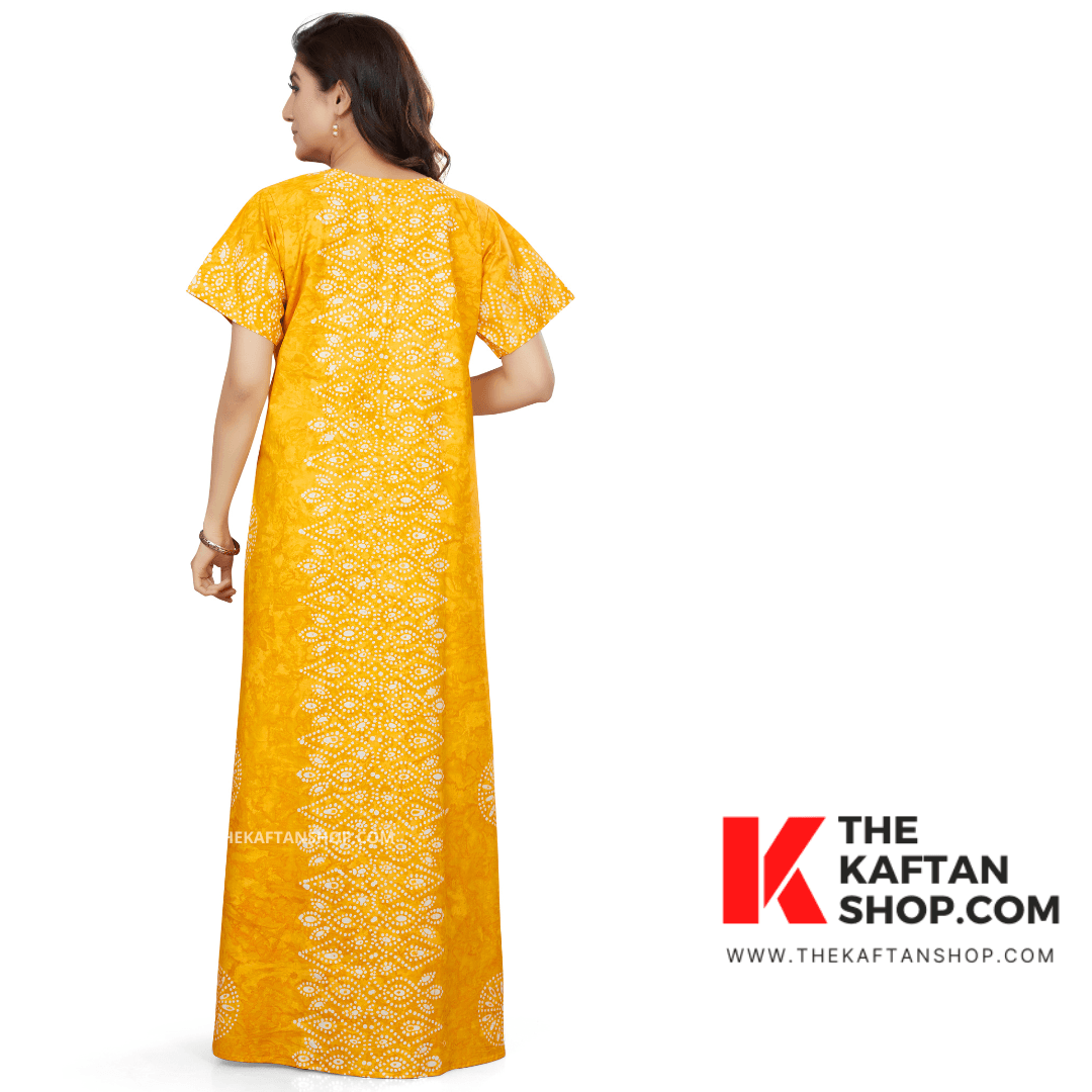 NG112 - Yellow Bandhani, Hand Dyed Batik, 100% Cotton Night Gown - thekaftanshop.com