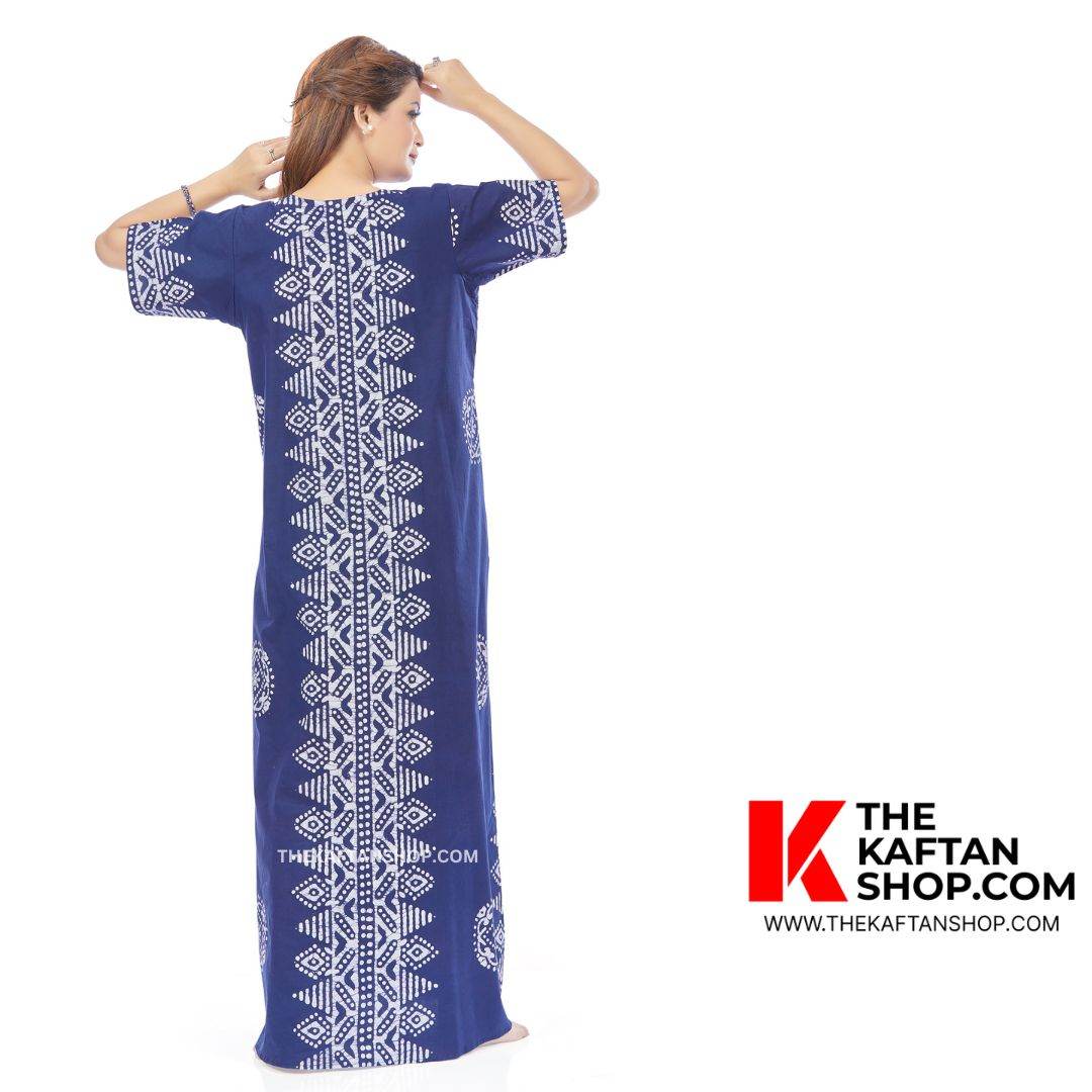 NG120 - Blue Triangle Border Design, Hand Dyed Batik, 100% Cotton Night Gown - thekaftanshop.com