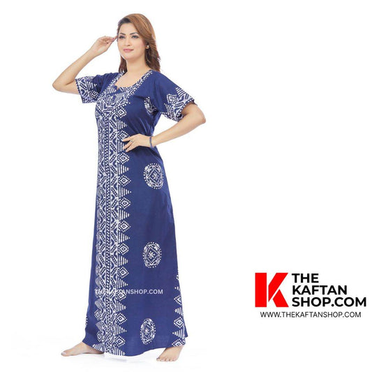 NG120 - Blue Triangle Border Design, Hand Dyed Batik, 100% Cotton Night Gown - thekaftanshop.com