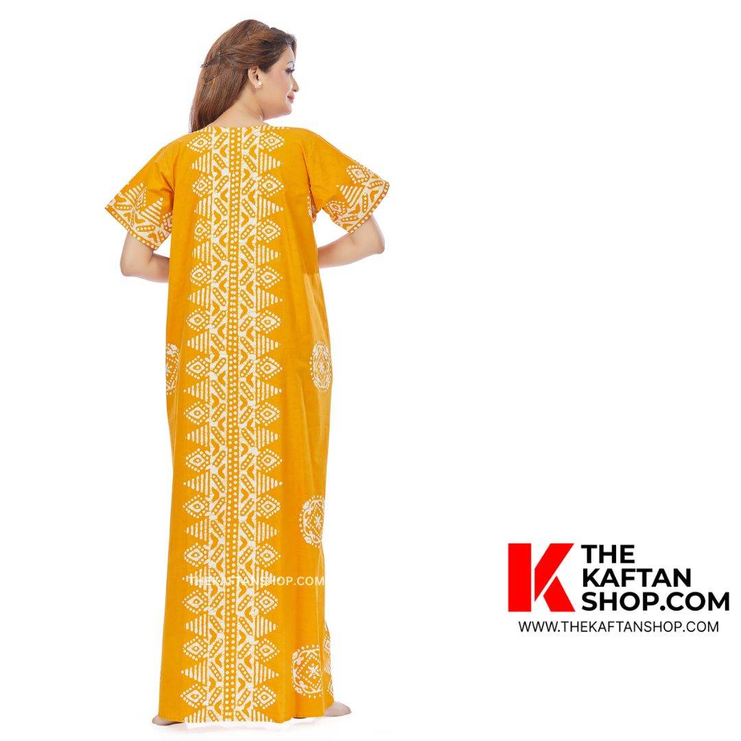 NG121 - Yellow Triangle Border Design, Hand Dyed Batik, 100% Cotton Night Gown - thekaftanshop.com