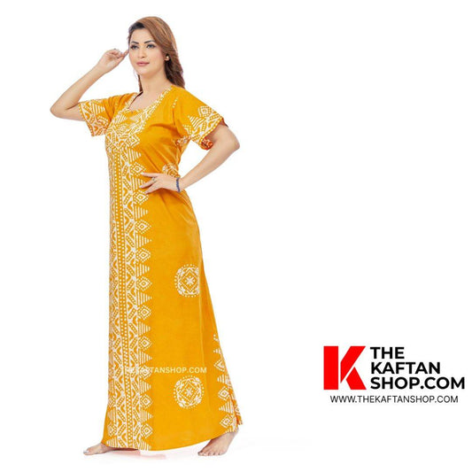 NG121 - Yellow Triangle Border Design, Hand Dyed Batik, 100% Cotton Night Gown - thekaftanshop.com