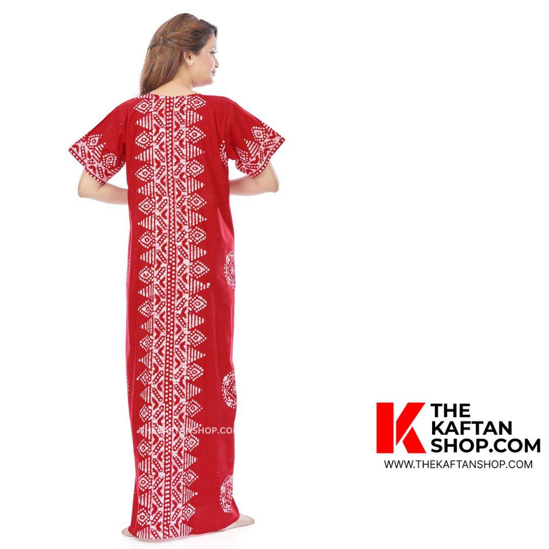 NG122 - Red Triangle Border Design, Hand Dyed Batik, 100% Cotton Night Gown - thekaftanshop.com