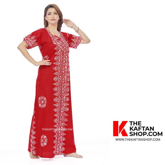 NG122 - Red Triangle Border Design, Hand Dyed Batik, 100% Cotton Night Gown - thekaftanshop.com