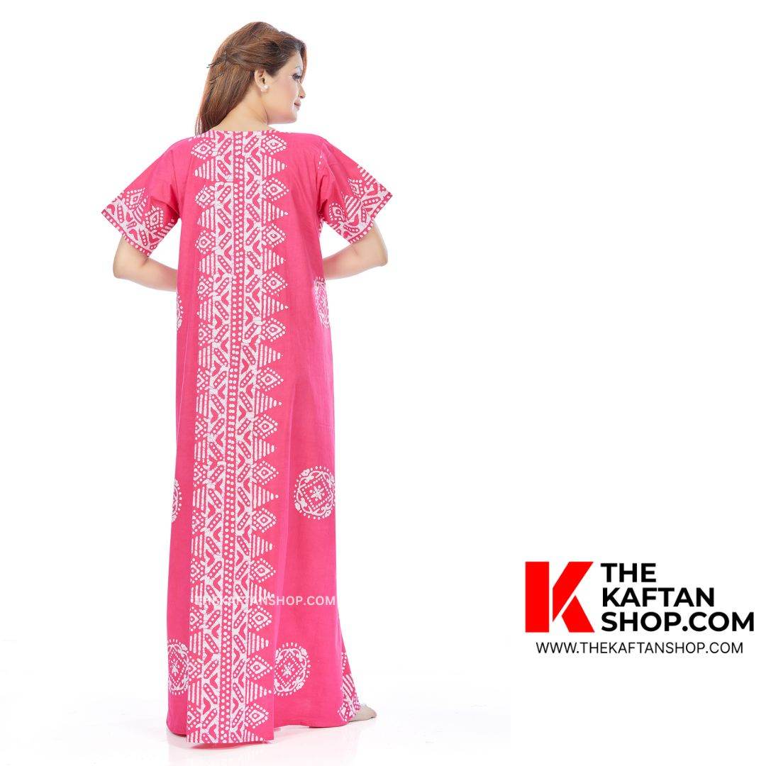 NG123 - Pink Triangle Border Design, Hand Dyed Batik, 100% Cotton Night Gown - thekaftanshop.com