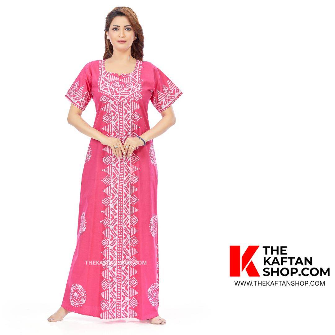 NG123 - Pink Triangle Border Design, Hand Dyed Batik, 100% Cotton Night Gown - thekaftanshop.com
