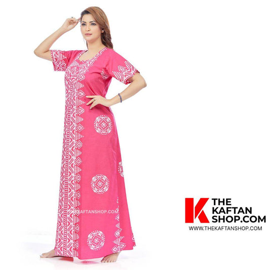 NG123 - Pink Triangle Border Design, Hand Dyed Batik, 100% Cotton Night Gown - thekaftanshop.com
