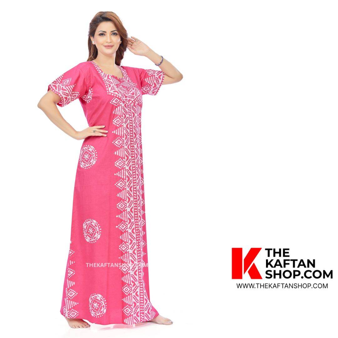 NG123 - Pink Triangle Border Design, Hand Dyed Batik, 100% Cotton Night Gown - thekaftanshop.com