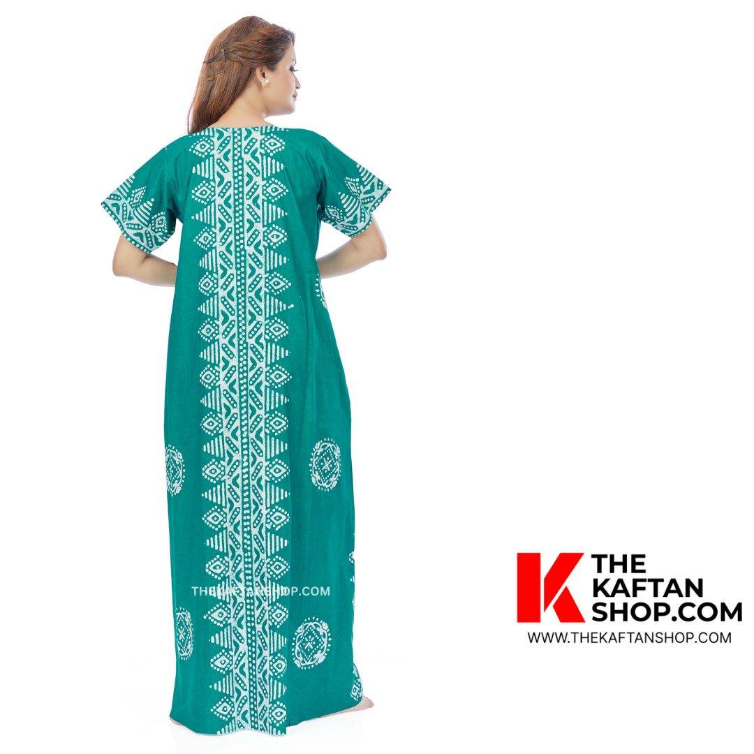 NG124 - Green Triangle Border Design, Hand Dyed Batik, 100% Cotton Night Gown - thekaftanshop.com