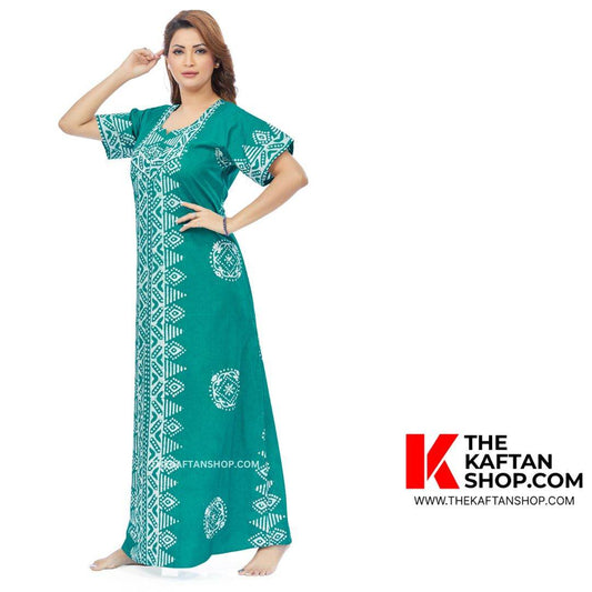 NG124 - Green Triangle Border Design, Hand Dyed Batik, 100% Cotton Night Gown - thekaftanshop.com