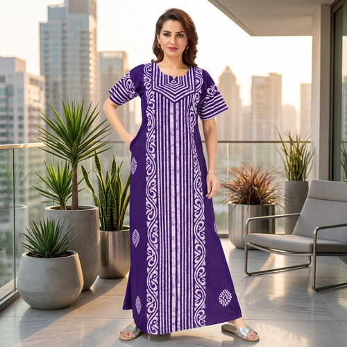 Purple Lines Design Batik, Hand Dyed Batik, 100% Cotton Night Gown - NG226
