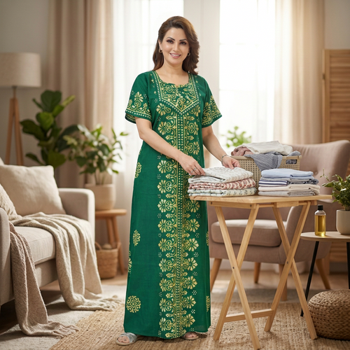 Green Motif Design Batik, Hand Dyed Batik, 100% Cotton Night Gown - NG237