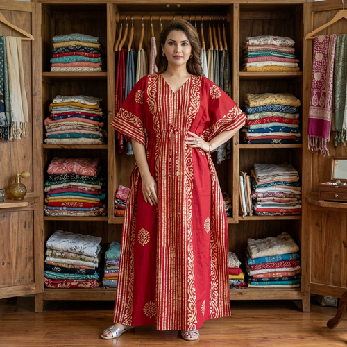 Red Lines Design Batik, Hand Dyed Batik, 100% Cotton Kaftan - K220