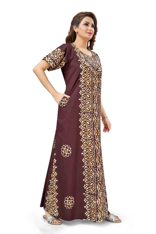 Brown Paisley Design Batik, Hand Dyed Batik, 100% Cotton Night Gown - NG213