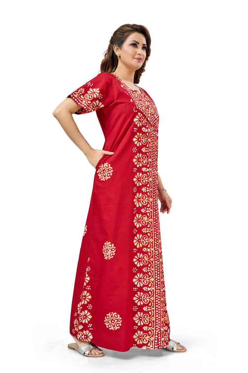 Red Motif Design Batik, Hand Dyed Batik, 100% Cotton Night Gown - NG230