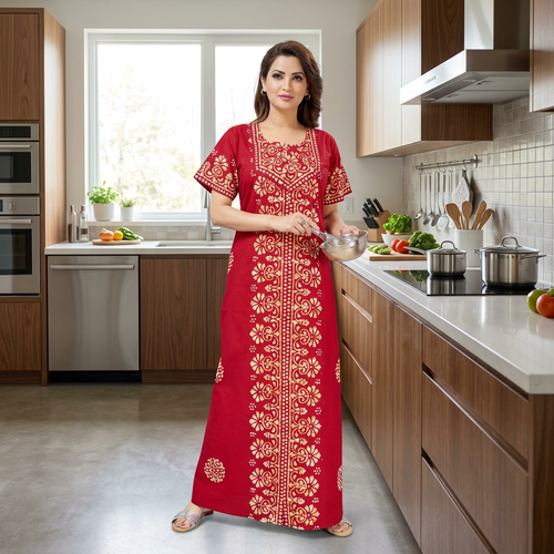 Red Motif Design Batik, Hand Dyed Batik, 100% Cotton Night Gown - NG230