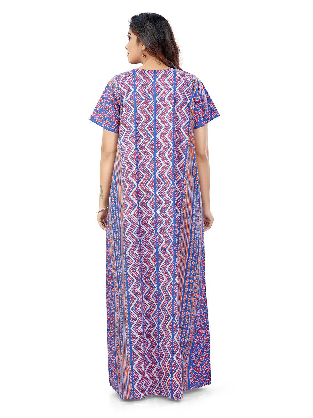 NG161 - Blue Zig Zag Batik, Hand Dyed Batik, 100% Cotton Night Gown - thekaftanshop.com