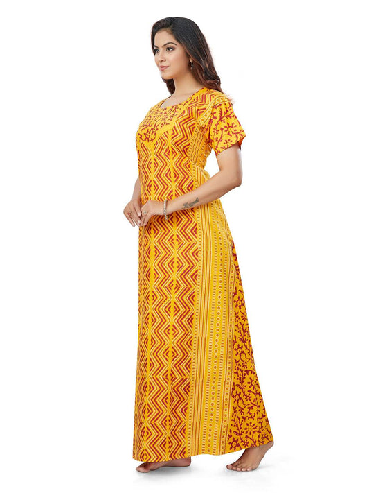 NG162 - Yellow Zig Zag Batik, Hand Dyed Batik, 100% Cotton Night Gown - thekaftanshop.com