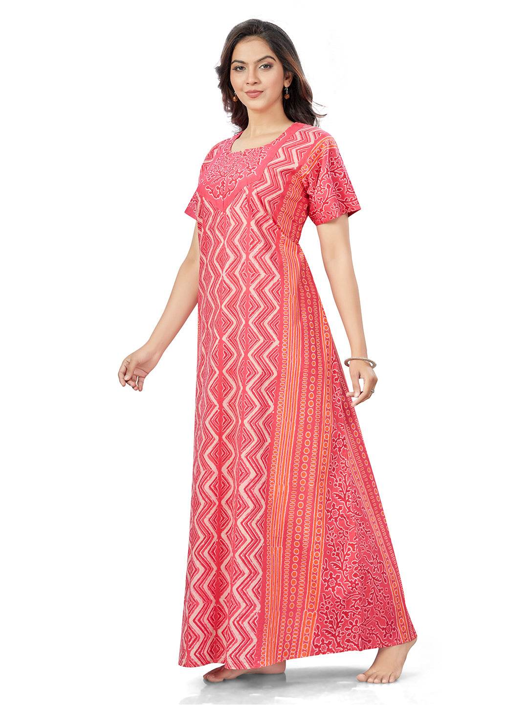 NG160 - Pink Zig Zag Batik, Hand Dyed Batik, 100% Cotton Night Gown - thekaftanshop.com