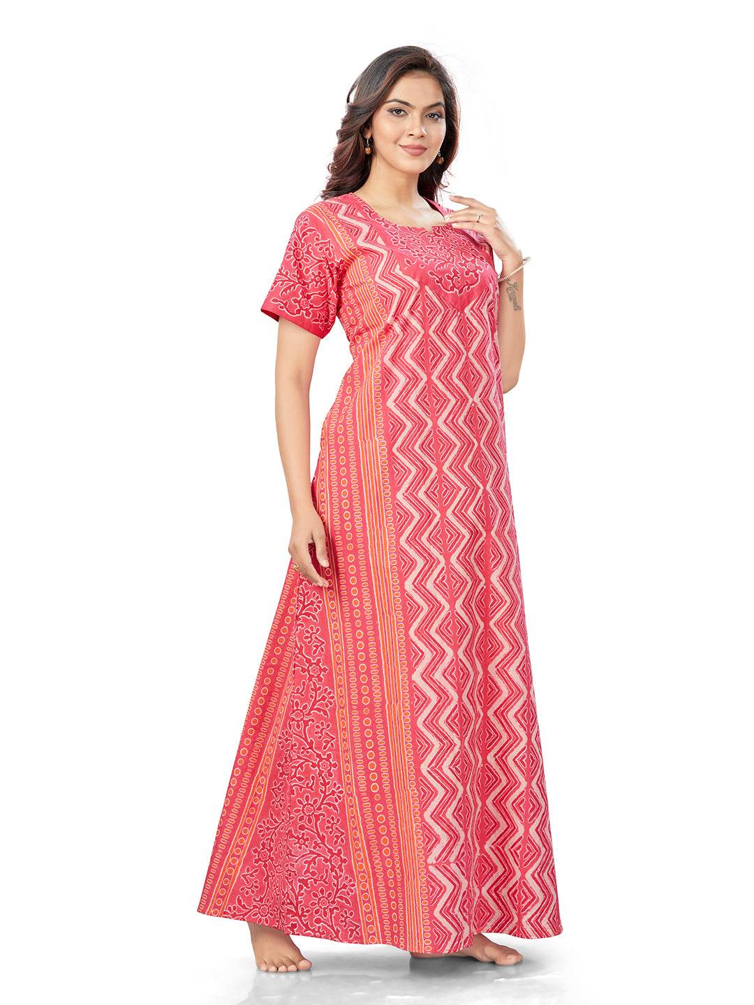 NG160 - Pink Zig Zag Batik, Hand Dyed Batik, 100% Cotton Night Gown - thekaftanshop.com