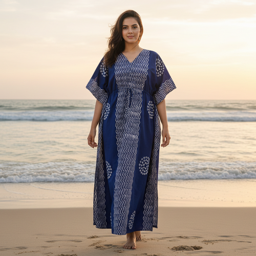 Navy Blue Waves Design Batik, Hand Dyed Batik, 100% Cotton Kaftan - K191