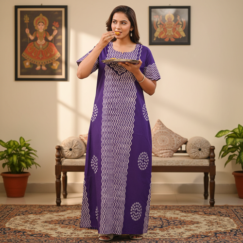 Purple Waves Design Batik, Hand Dyed Batik, 100% Cotton Night Gown - NG196