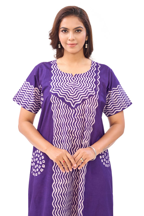 Purple Waves Design Batik, Hand Dyed Batik, 100% Cotton Night Gown - NG196