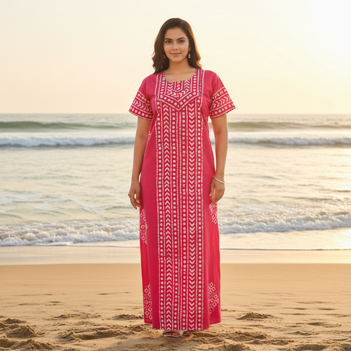 Pink Diamond Arrow Batik, Hand Dyed Batik, 100% Cotton Night Gown - NG204