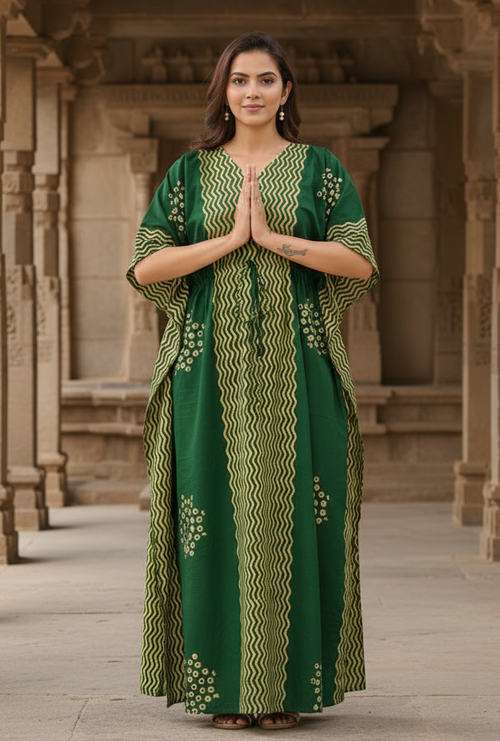 Green Waves Design Batik, Hand Dyed Batik, 100% Cotton Kaftan - K197