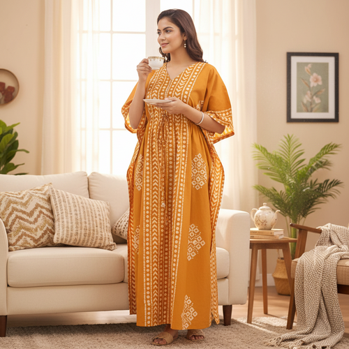 Yellow Diamond Arrow Batik, Hand Dyed Batik, 100% Cotton Kaftan - K205