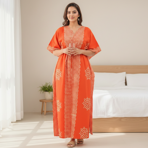 Orange Waves Design Batik, Hand Dyed Batik, 100% Cotton Kaftan - K198