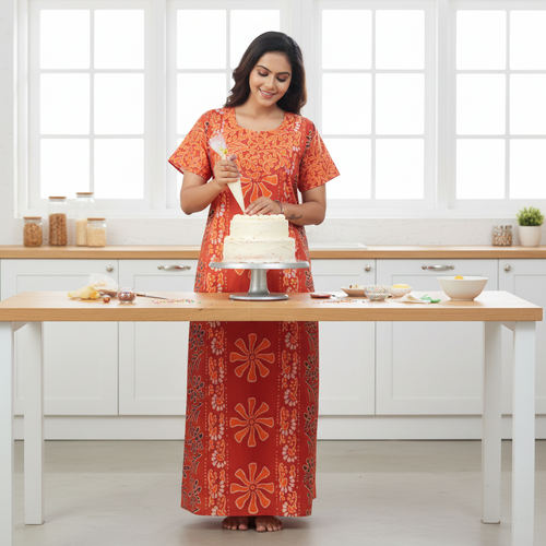 Rust Palm Batik, Hand Dyed Batik, 100% Cotton Night Gown - NG180