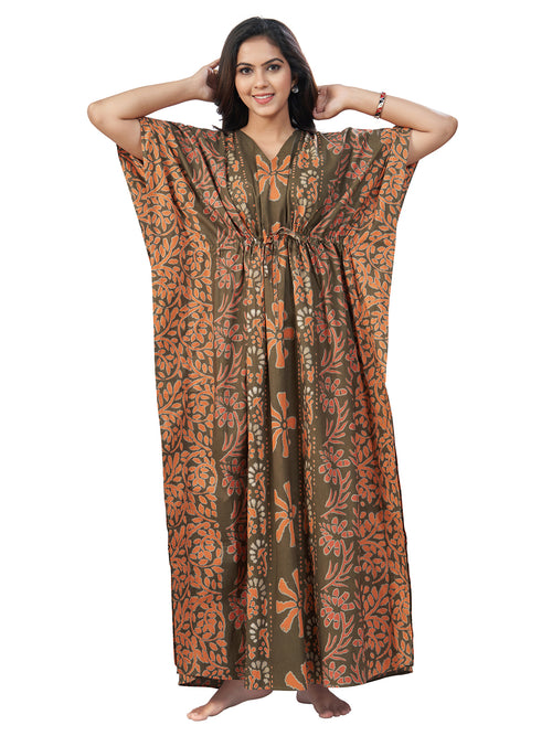Green Brown Palm, Hand Dyed Batik, 100% Cotton Kaftan - K182