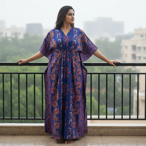 Blue Palm, Hand Dyed Batik, 100% Cotton Kaftan - K183