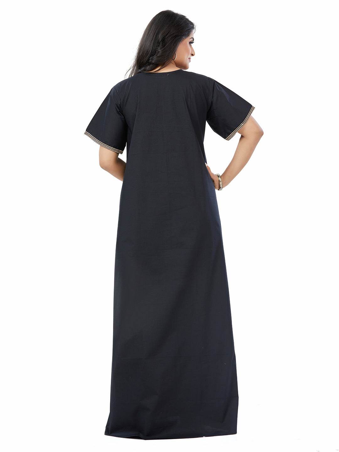 NGE502 - Black with Big Red Flower Design, Embroidered, 100% Cotton Night Gown - thekaftanshop.com