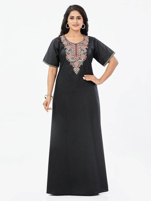 Black with Big Red Flower Design, Embroidered, 100% Cotton Night Gown - NGE502
