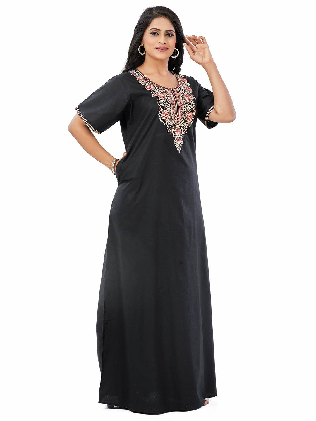 NGE502 - Black with Big Red Flower Design, Embroidered, 100% Cotton Night Gown - thekaftanshop.com