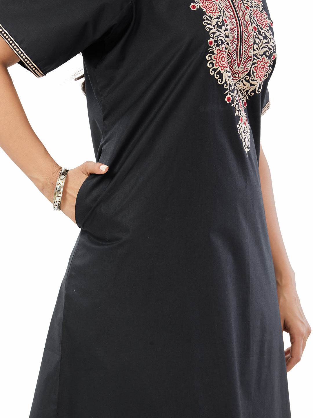 NGE502 - Black with Big Red Flower Design, Embroidered, 100% Cotton Night Gown - thekaftanshop.com