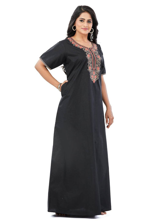 NGE501 - Black with Red Flower Design, Embroidered, 100% Cotton Night Gown - thekaftanshop.com