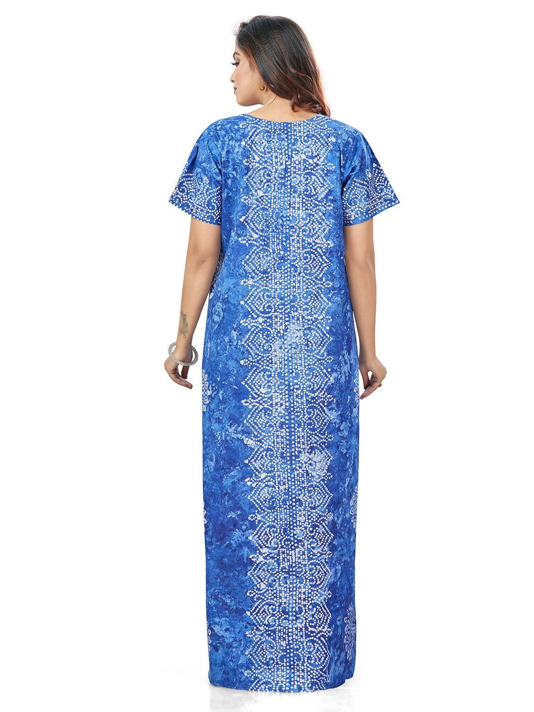 NG113 - Blue Bandhani, Hand Dyed Batik, 100% Cotton Night Gown - thekaftanshop.com