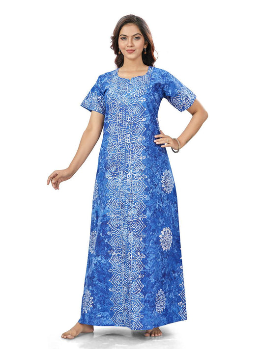 NG113 - Blue Bandhani, Hand Dyed Batik, 100% Cotton Night Gown - thekaftanshop.com