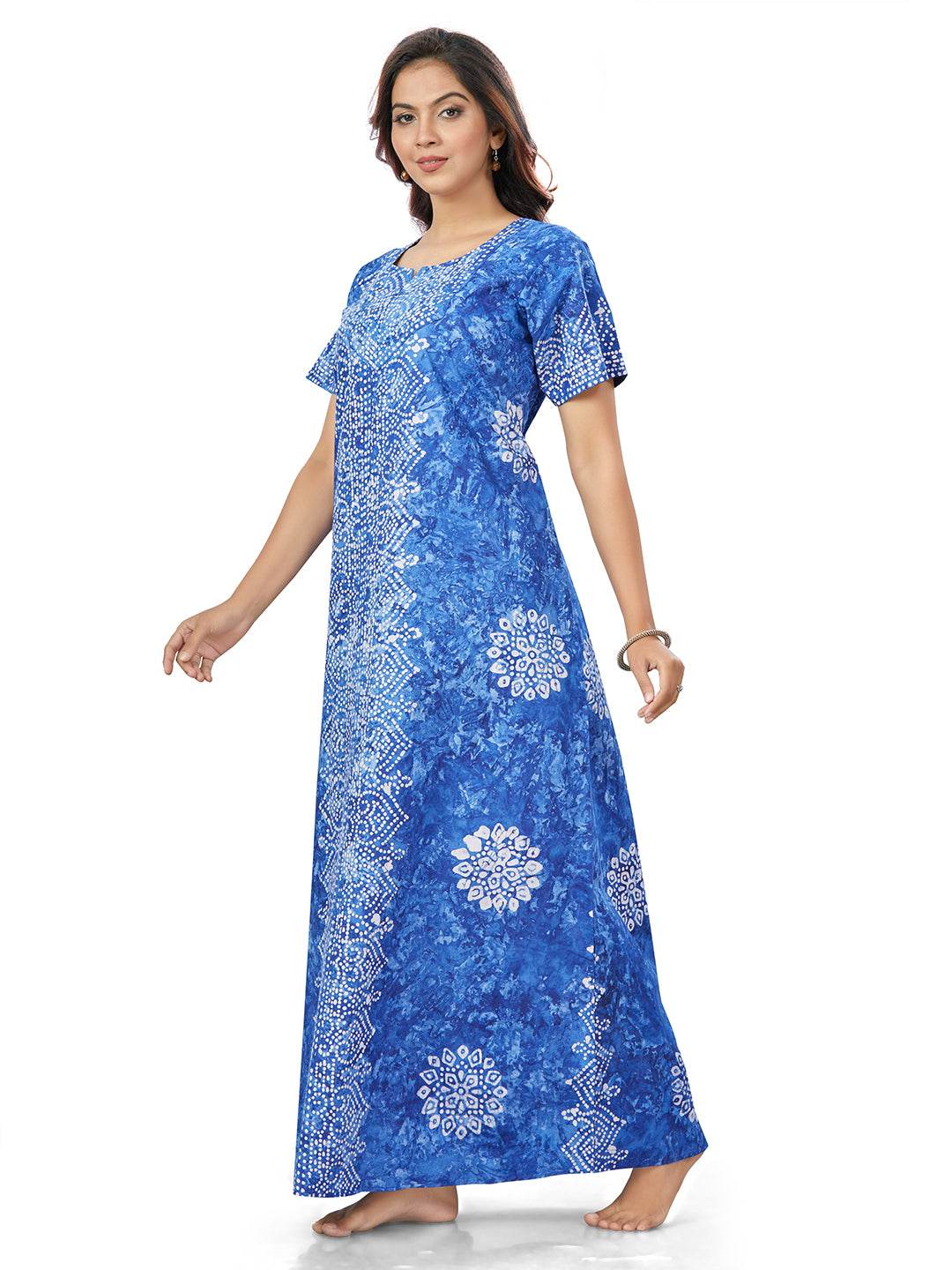 NG113 - Blue Bandhani, Hand Dyed Batik, 100% Cotton Night Gown - thekaftanshop.com