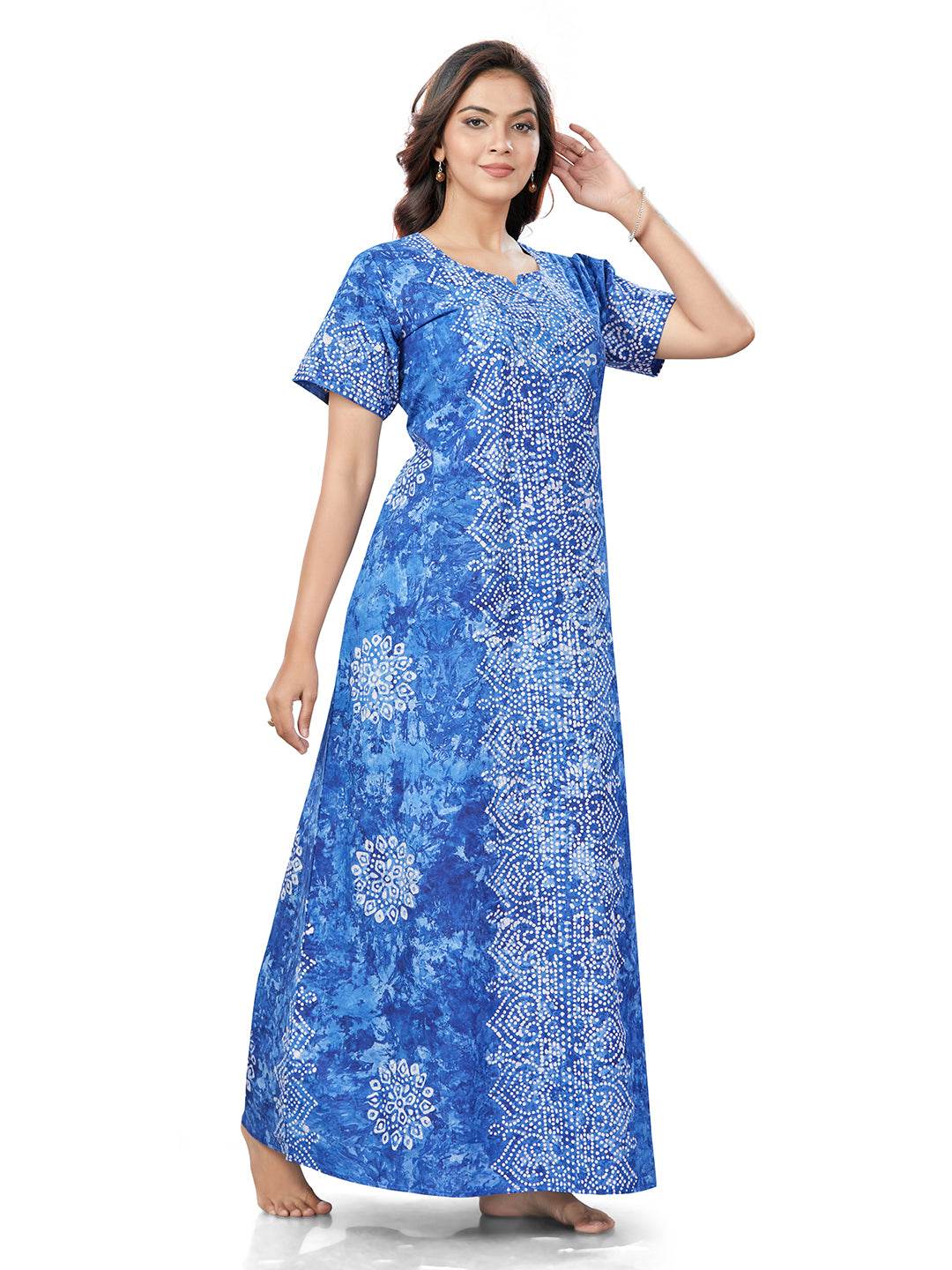 NG113 - Blue Bandhani, Hand Dyed Batik, 100% Cotton Night Gown - thekaftanshop.com