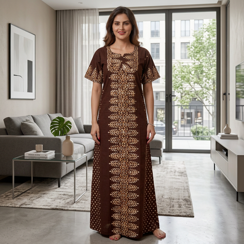 Brown Dotted, Hand Dyed Batik, 100% Cotton Night Gown - NG005