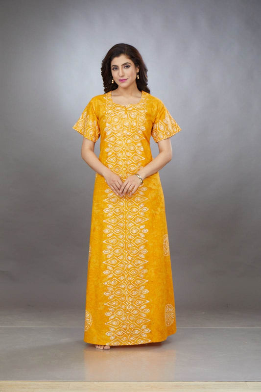 NG112 - Yellow Bandhani, Hand Dyed Batik, 100% Cotton Night Gown - thekaftanshop.com
