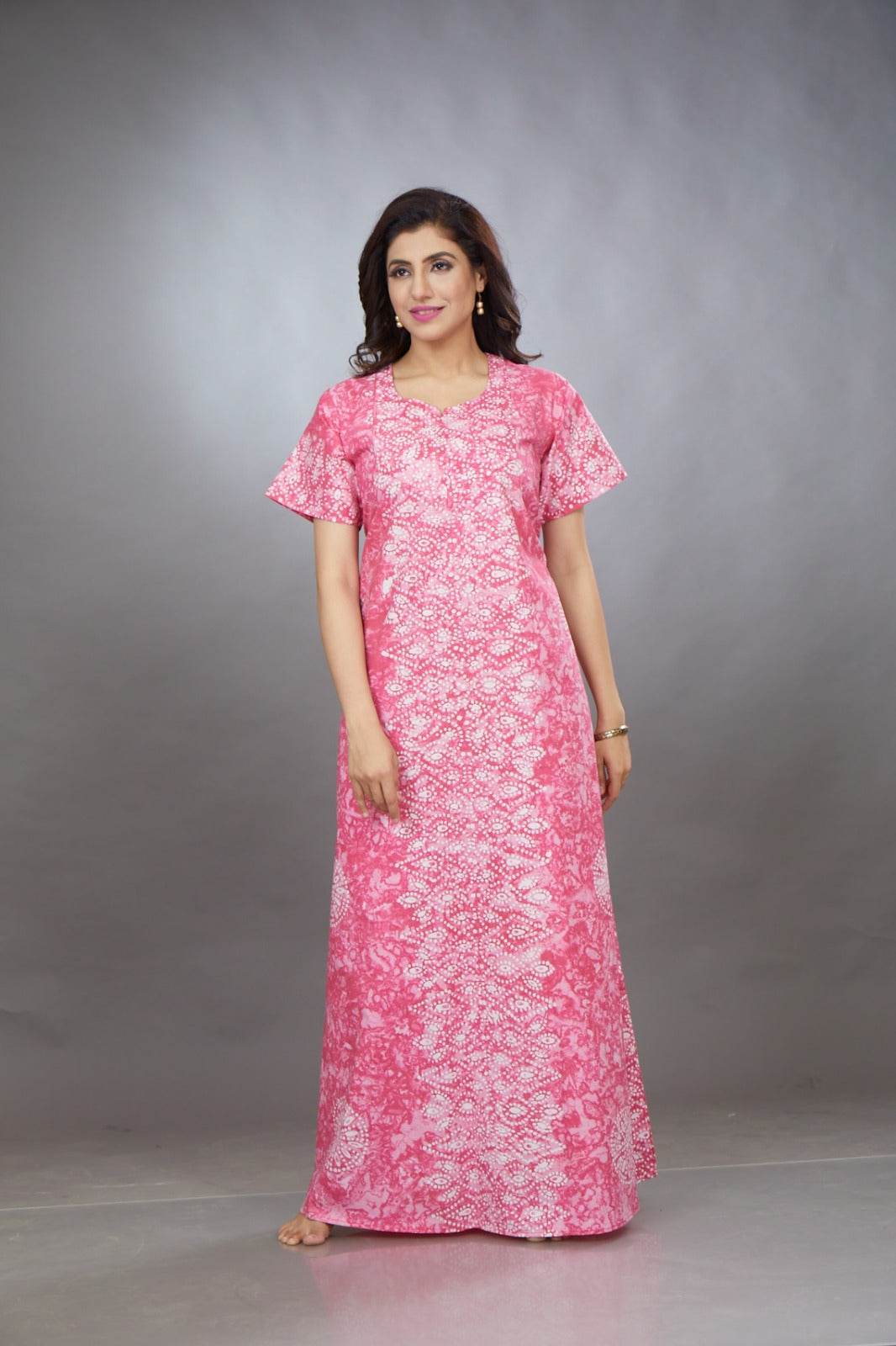 NG111 - Pink Bandhani, Hand Dyed Batik, 100% Cotton Night Gown - thekaftanshop.com